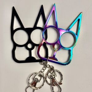 Cat Ears~Pointy Knuckles Safety Keychains ~ 2 black & iridescent cat keychains
